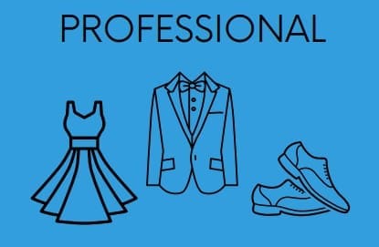 Black outline illustrations of a dress, a suit with a bow tie, and dress shoes on a blue background with the word "PROFESSIONAL" at the top.