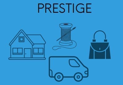 Blue background with the word "PRESTIGE" above icons of a house, spool of thread with needle, purse, and van.