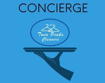 A stylized hand holds a tray with the Twin Peaks Cleaners logo, featuring two hangers and stars, against a blue background with the word "CONCIERGE" above.